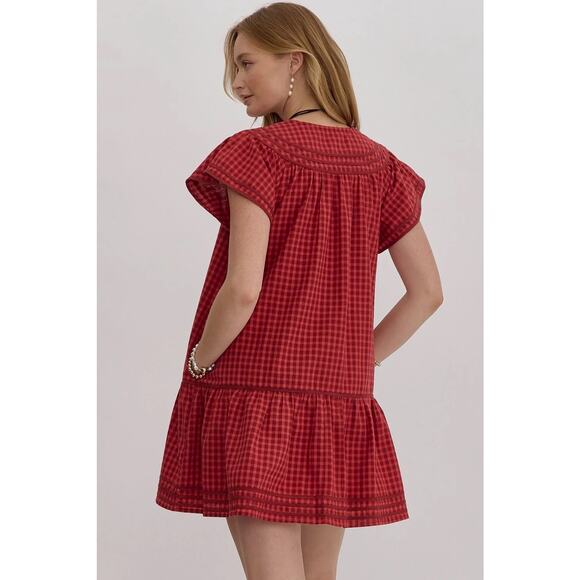 Entro Play It Cool Dress Red Gingham Southern Classy Preppy Colorful Teacher L - Picture 2 of 6
